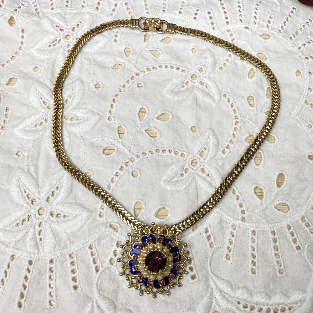 Vintage Coro Rhinestone Starburst Pendant Necklace Whimsigoth Romantic Victorian - Picture 3 of 9